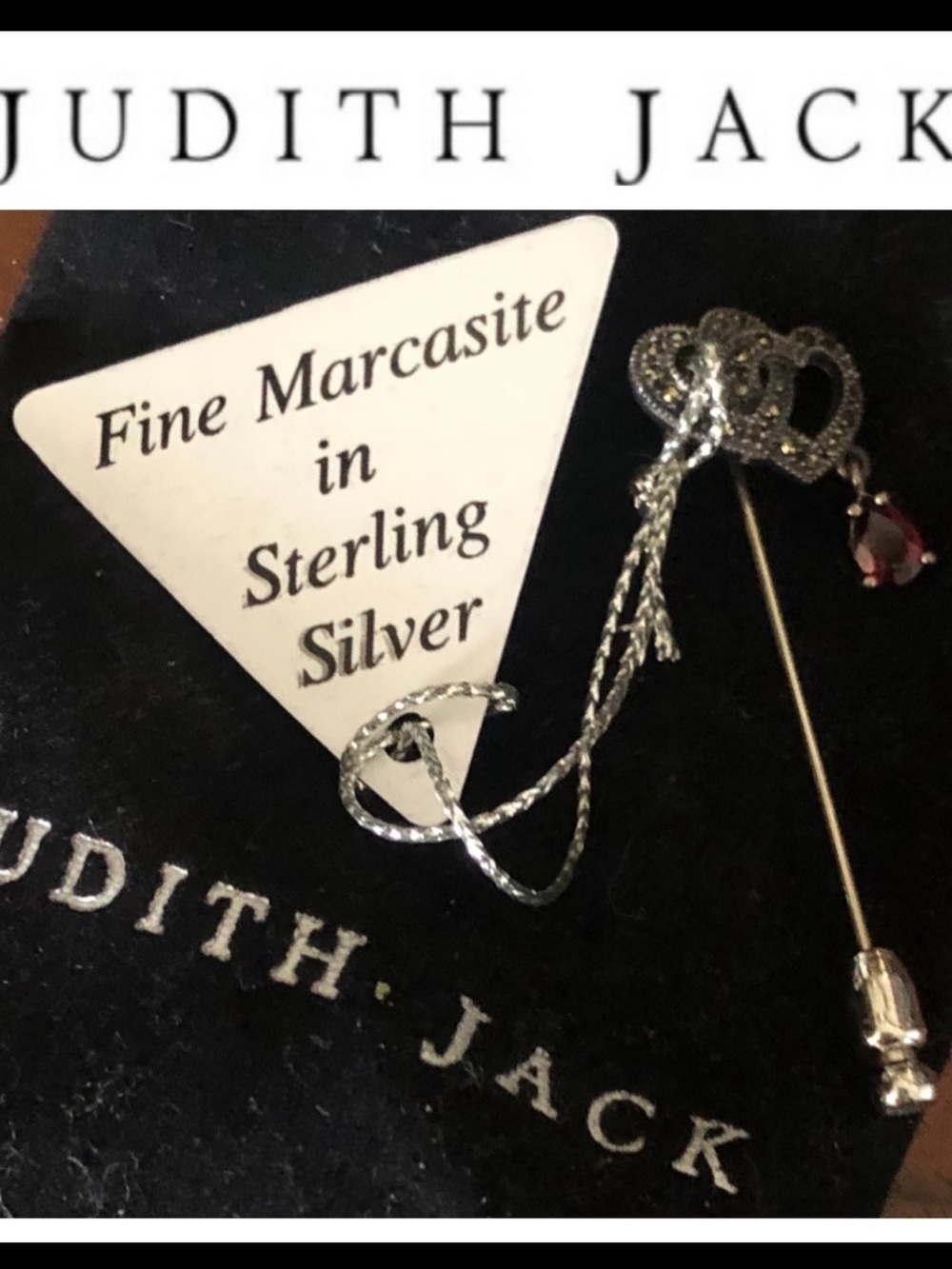 JUDITH JACK Double Heart STERLING SILVER MARCASITE Stickpin w Dangling Garnet